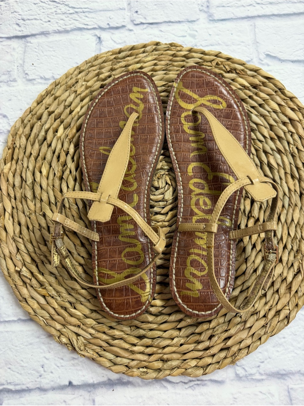 Sam Edelman Brown Croc-Embossed Footbed Sandals with Tan Straps. Size 10.